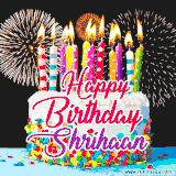 A lively happy birthday animated GIF showcasing a colorful birthday cake covered in sprinkles, topped with glowing candles, and surrounded by vibrant fireworks. The name 'Shrihaan' is featured in elegant script.