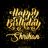 Animated GIF with colorful, festive 'Happy Birthday Shrihan' text decorated with patterns, a party hat, and falling confetti. A vibrant and cheerful design for birthday celebrations.