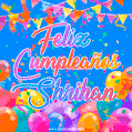 A vibrant animated GIF with 'Feliz Cumpleaños Shrihan' written in colorful script, surrounded by balloons, confetti, and bunting on a bright blue background.