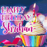 A festive animated GIF featuring a colorful cupcake with a single lit candle, sprinkles, and 'Happy Birthday Shrihan' text against a sparkling, celebratory background.