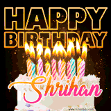 A vibrant animated GIF featuring a delicious birthday cake topped with glowing candles and the name 'Shrihan' in elegant script, and the words 'Happy Birthday' on the black background.
