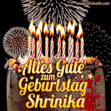 A chocolate birthday cake with glowing candles, the German text 'Alles Gute zum Geburtstag Shrinika,' and vibrant fireworks lighting up the background in an animated GIF.