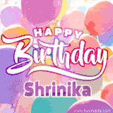 A vibrant name GIF featuring colorful balloons in shades of pink, orange, and yellow with the bold text 'Happy Birthday Shrinika' in festive fonts, creating a lively birthday vibe.