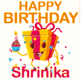 A vibrant and funny gift box character with a happy face dancing with a cupcake and the text 'Happy Birthday Shrinika,' surrounded by animated confetti and party vibes.