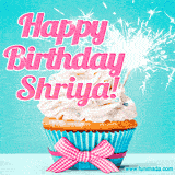 A festive cupcake with pink icing, a gingham bow, and a lit animated sparkler, paired with 'Happy Birthday Shriya!' in bright pink text.