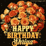 Animated bouquet of orange roses with moving butterfles and golden 'Happy Birthday Shriya' text, surrounded by sparkling accents and a dark backdrop for a luxurious feel.
