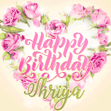 A stunning heart made of pink roses surrounds the elegant script text 'Happy Birthday Shriya' on a soft beige background. Animated sparkles add a magical and festive feel.