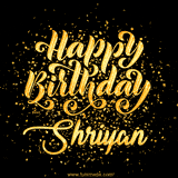 Animated GIF with colorful, festive 'Happy Birthday Shriyan' text decorated with patterns, a party hat, and falling confetti. A vibrant and cheerful design for birthday celebrations.