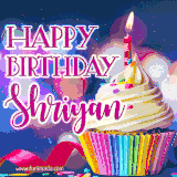 A festive animated GIF featuring a colorful cupcake with a single lit candle, sprinkles, and 'Happy Birthday Shriyan' text against a sparkling, celebratory background.
