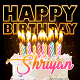 A vibrant animated GIF featuring a delicious birthday cake topped with glowing candles and the name 'Shriyan' in elegant script, and the words 'Happy Birthday' on the black background.