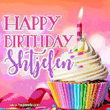 A vibrant birthday GIF featuring a rainbow-colored cupcake topped with white frosting, sprinkles, and a lit candle. The text reads 'Happy Birthday Shtjefen' in bold pink and violet letters with white outline.