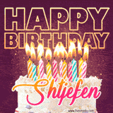 A colorful birthday cake topped with lit candles, with the words 'Happy Birthday Shtjefen' in bold glowing letters on a burgundy background. Animated flames add a festive touch.