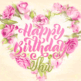 A stunning heart made of pink roses surrounds the elegant script text 'Happy Birthday Shu' on a soft beige background. Animated sparkles add a magical and festive feel.