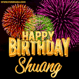 A golden 'Happy Birthday Shuang' message with vibrant fireworks in the background, creating a festive and celebratory vibe in this animated name GIF.