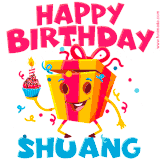 A vibrant and funny gift box character with a happy face dancing with a cupcake and the text 'Happy Birthday Shuang,' surrounded by animated confetti and party vibes.