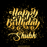 Animated GIF with colorful, festive 'Happy Birthday Shubh' text decorated with patterns, a party hat, and falling confetti. A vibrant and cheerful design for birthday celebrations.