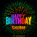 A colorful animated GIF featuring the text 'Happy Birthday Shubh!' in rainbow colors with a dynamic iridescent firework display in the background.