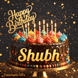 Bold golden lettering spelling Shubh on a gourmet chocolate cake decorated with small colorful candies at the base.