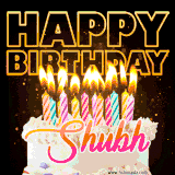 A vibrant animated GIF featuring a delicious birthday cake topped with glowing candles and the name 'Shubh' in elegant script, and the words 'Happy Birthday' on the black background.