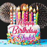 A lively happy birthday animated GIF showcasing a colorful birthday cake covered in sprinkles, topped with glowing candles, and surrounded by vibrant fireworks. The name 'Shubh' is featured in elegant script.