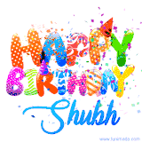 Animated GIF with colorful, festive 'Happy Birthday Shubh' text decorated with patterns, a party hat, and falling confetti. A vibrant and cheerful design for birthday celebrations.