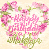 A stunning heart made of pink roses surrounds the elegant script text 'Happy Birthday Shukriya' on a soft beige background. Animated sparkles add a magical and festive feel.