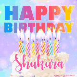 A vibrant animated name GIF with the words 'Happy Birthday Shukura' with colorful candles on a creamy cake. The background sparkles with pastel shades, adding a festive touch.