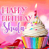 A vibrant birthday GIF featuring a rainbow-colored cupcake topped with white frosting, sprinkles, and a lit candle. The text reads 'Happy Birthday Shula' in bold pink and violet letters with white outline.