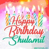 Bright birthday candles with rainbow flames on a cake, alongside the text 'Happy Birthday Shulamit' in vibrant script in this celebratory animated GIF.