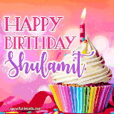 A vibrant birthday GIF featuring a rainbow-colored cupcake topped with white frosting, sprinkles, and a lit candle. The text reads 'Happy Birthday Shulamit' in bold pink and violet letters with white outline.