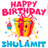A vibrant and funny gift box character with a happy face dancing with a cupcake and the text 'Happy Birthday Shulamit,' surrounded by animated confetti and party vibes.