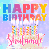 A vibrant animated name GIF with the words 'Happy Birthday Shulamite' with colorful candles on a creamy cake. The background sparkles with pastel shades, adding a festive touch.