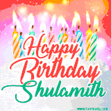 Bright birthday candles with rainbow flames on a cake, alongside the text 'Happy Birthday Shulamith' in vibrant script in this celebratory animated GIF.