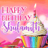 A vibrant birthday GIF featuring a rainbow-colored cupcake topped with white frosting, sprinkles, and a lit candle. The text reads 'Happy Birthday Shulamith' in bold pink and violet letters with white outline.