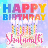 A vibrant animated name GIF with the words 'Happy Birthday Shulamith' with colorful candles on a creamy cake. The background sparkles with pastel shades, adding a festive touch.