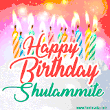 Bright birthday candles with rainbow flames on a cake, alongside the text 'Happy Birthday Shulammite' in vibrant script in this celebratory animated GIF.