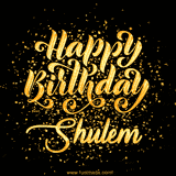 Animated GIF with colorful, festive 'Happy Birthday Shulem' text decorated with patterns, a party hat, and falling confetti. A vibrant and cheerful design for birthday celebrations.
