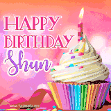 A vibrant birthday GIF featuring a rainbow-colored cupcake topped with white frosting, sprinkles, and a lit candle. The text reads 'Happy Birthday Shun' in bold pink and violet letters with white outline.