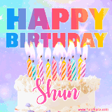 A vibrant animated name GIF with the words 'Happy Birthday Shun' with colorful candles on a creamy cake. The background sparkles with pastel shades, adding a festive touch.