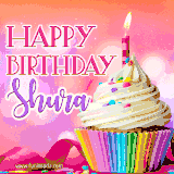 A vibrant birthday GIF featuring a rainbow-colored cupcake topped with white frosting, sprinkles, and a lit candle. The text reads 'Happy Birthday Shura' in bold pink and violet letters with white outline.