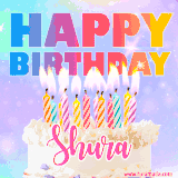 A vibrant animated name GIF with the words 'Happy Birthday Shura' with colorful candles on a creamy cake. The background sparkles with pastel shades, adding a festive touch.