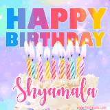 A vibrant animated name GIF with the words 'Happy Birthday Shyamala' with colorful candles on a creamy cake. The background sparkles with pastel shades, adding a festive touch.