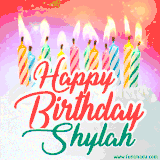 Bright birthday candles with rainbow flames on a cake, alongside the text 'Happy Birthday Shylah' in vibrant script in this celebratory animated GIF.