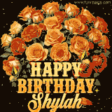 Animated bouquet of orange roses with moving butterfles and golden 'Happy Birthday Shylah' text, surrounded by sparkling accents and a dark backdrop for a luxurious feel.
