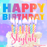 A vibrant animated name GIF with the words 'Happy Birthday Shylah' with colorful candles on a creamy cake. The background sparkles with pastel shades, adding a festive touch.