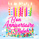 A white birthday cake covered in colorful sprinkles, topped with bright candles, and French text 'Bon Anniversaire Shyloh' on a pastel gradient background in an animated GIF.
