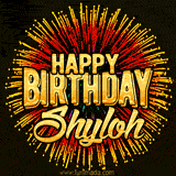 Golden 'Happy Birthday Shyloh' text accompanied by animated rainbow fireworks for a festive animated greeting.