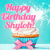 A festive cupcake with pink icing, a gingham bow, and a lit animated sparkler, paired with 'Happy Birthday Shyloh!' in bright pink text.