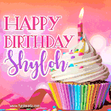 A vibrant birthday GIF featuring a rainbow-colored cupcake topped with white frosting, sprinkles, and a lit candle. The text reads 'Happy Birthday Shyloh' in bold pink and violet letters with white outline.