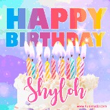 A vibrant animated name GIF with the words 'Happy Birthday Shyloh' with colorful candles on a creamy cake. The background sparkles with pastel shades, adding a festive touch.
